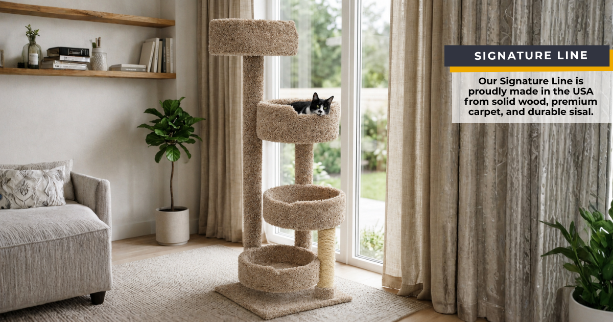 A large natural solid wood cat tree in a modern Scandinavian living room with two cats