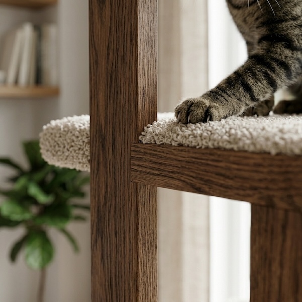 Extreme close-up of a solid wood post base with visible joinery hardware and screw detail