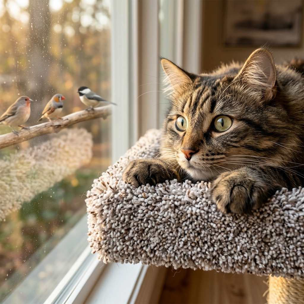 Large cat on window perch watching birds outside -- CatsPlay.com