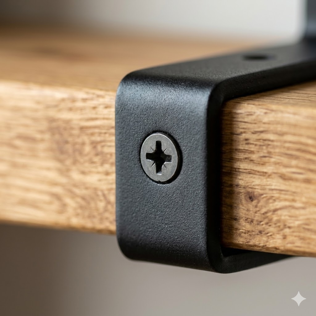 Close-up of a heavy-duty wall bracket and solid wood shelf, emphasizing stability