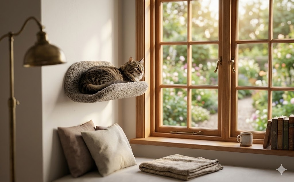 Cat lounging in a window-mounted shelf
