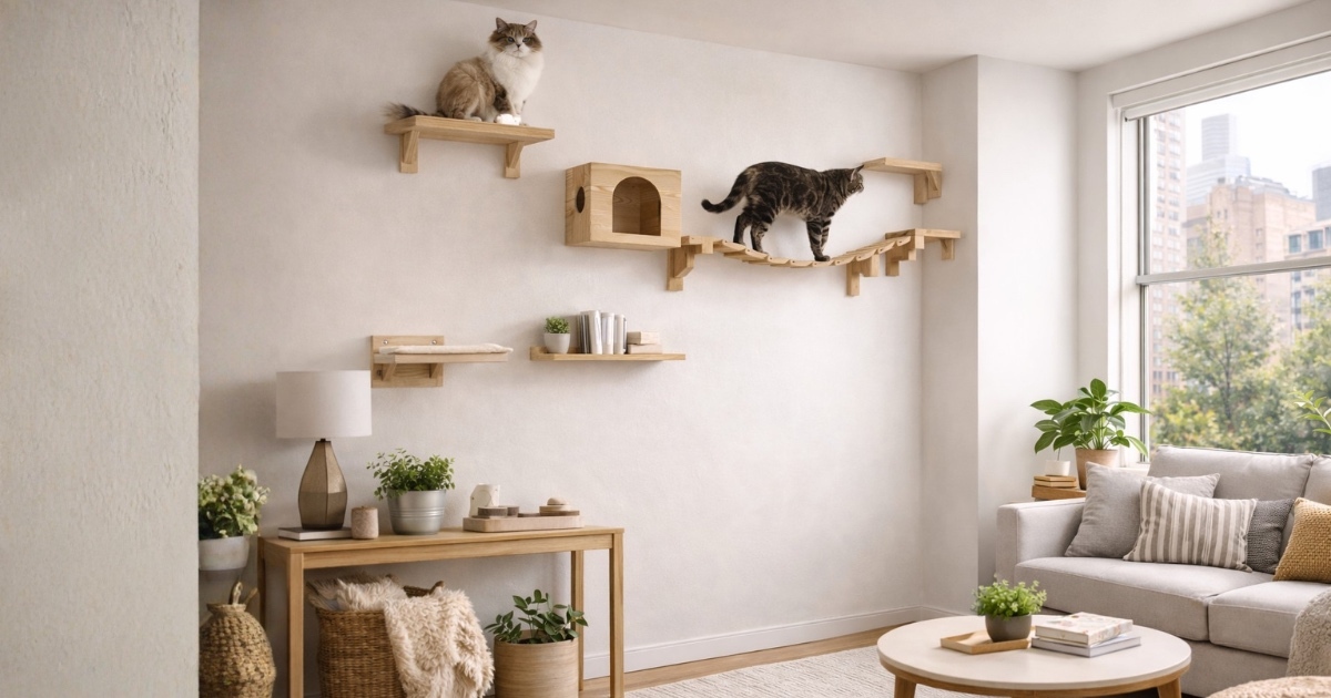 Multiple cats peacefully using a wall climbing system