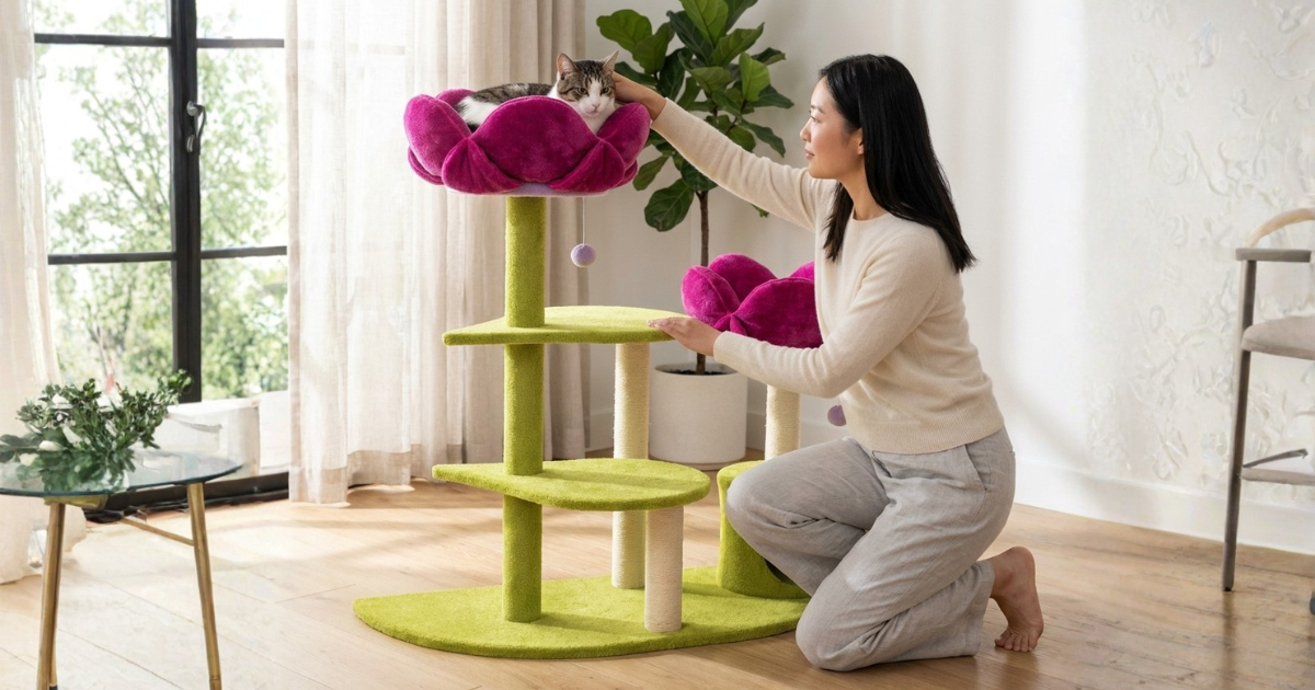 Bohemian living room featuring the Pink Lotus Cat Tree