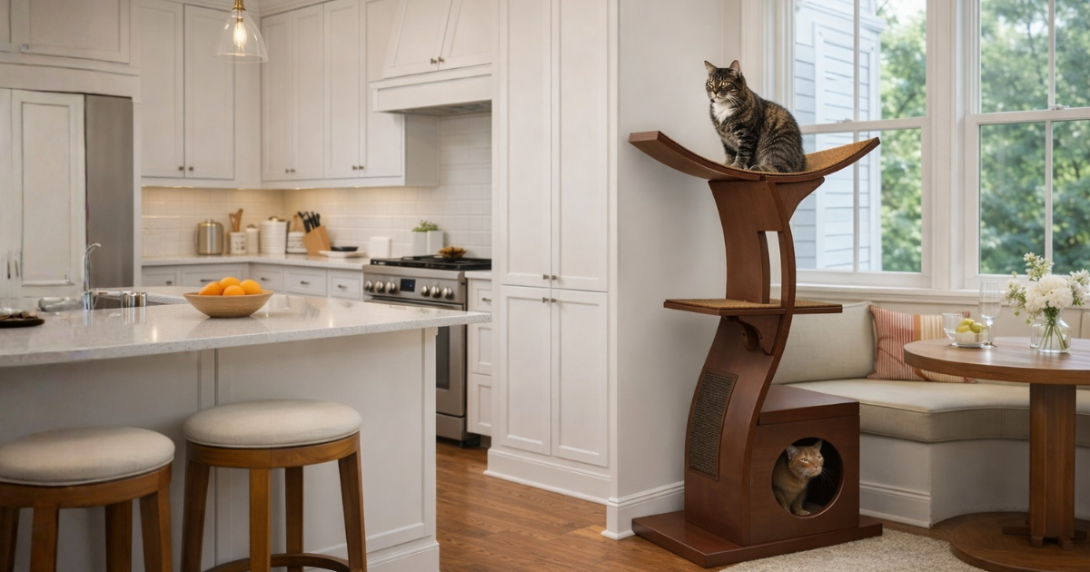 Tall cat gym providing a better view than a kitchen counter