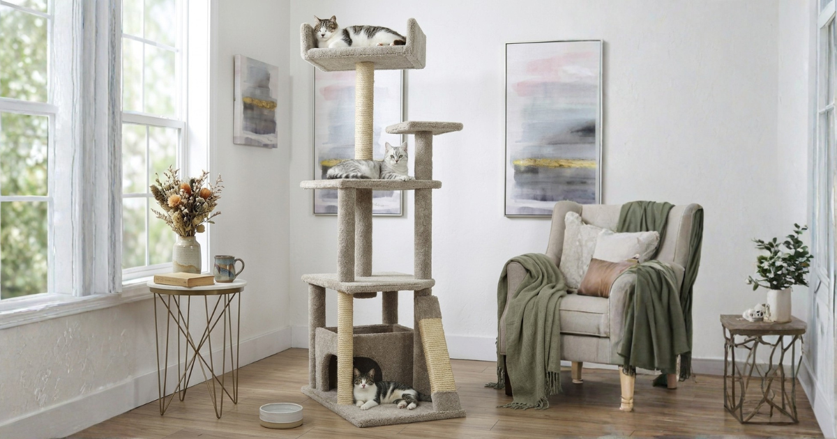 Two cats exploring a large multi-level solid wood cat gym in a bright modern living room