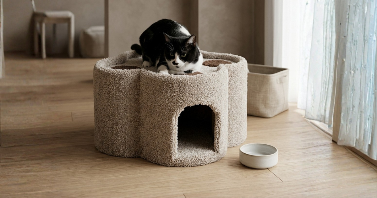 A fluffy cat curled inside a cozy enclosed cat condo cubby with a plush interior