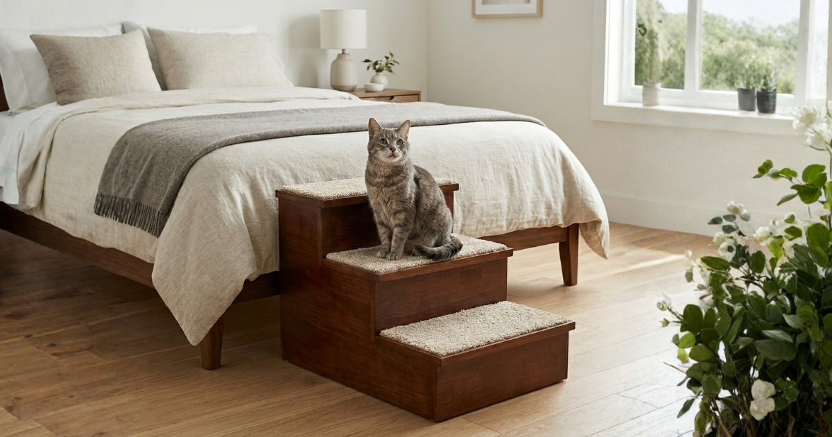 A senior cat walking up padded pet stairs toward a high bed in a sunlit room