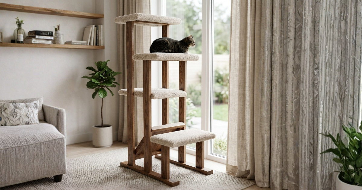A large natural solid wood cat tree in a modern Scandinavian living room with two cats