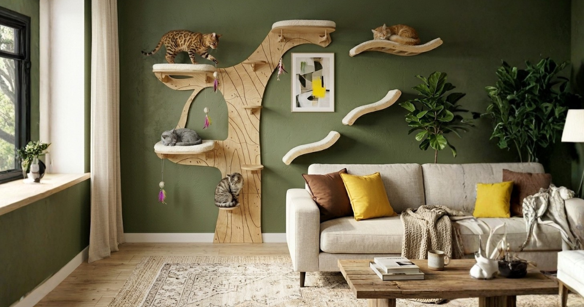 A modern living room featuring a full wall-mounted cat climbing system with shelves and bridges
