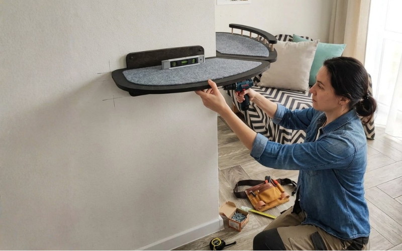 woman mounting a corner cat wall shelf using a drill and a level