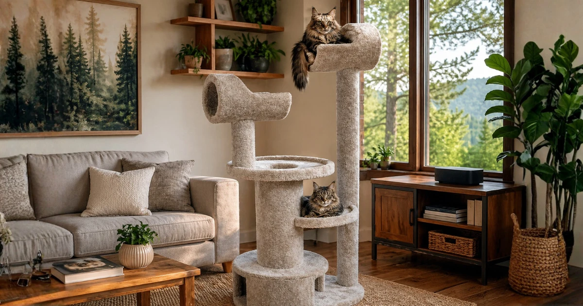 A massive Maine Coon cat perched on a sturdy, solid wood cat tree in a high-end living room