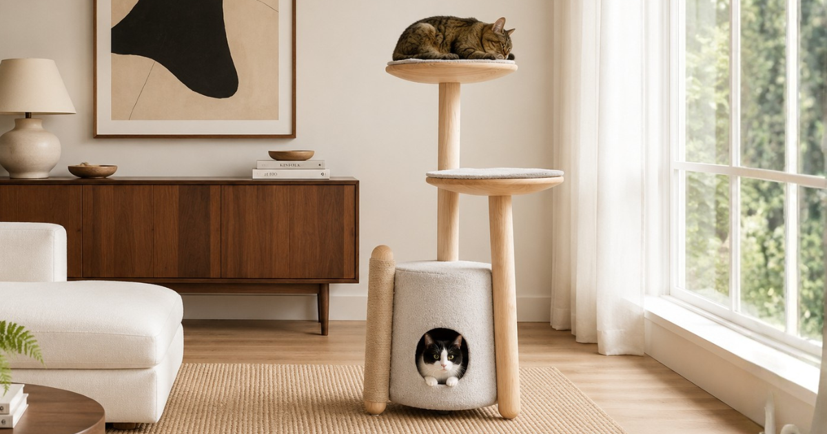 Design-forward cat condo in a modern living room -- CatsPlay.com