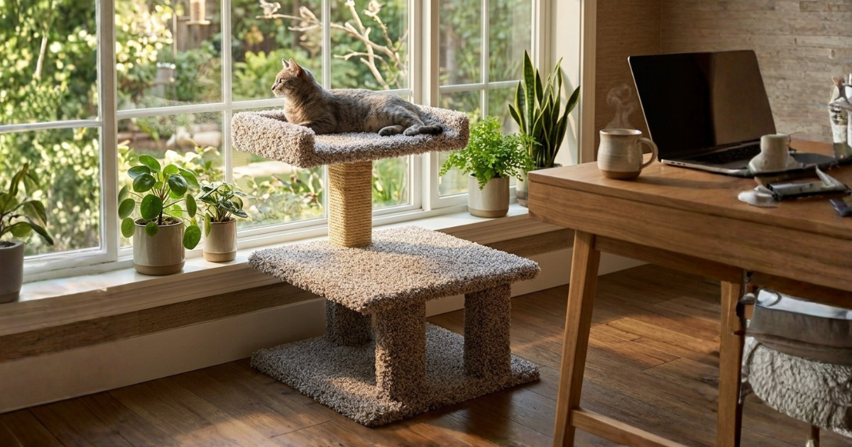Cat on window perch in home office looking out at garden -- CatsPlay.com