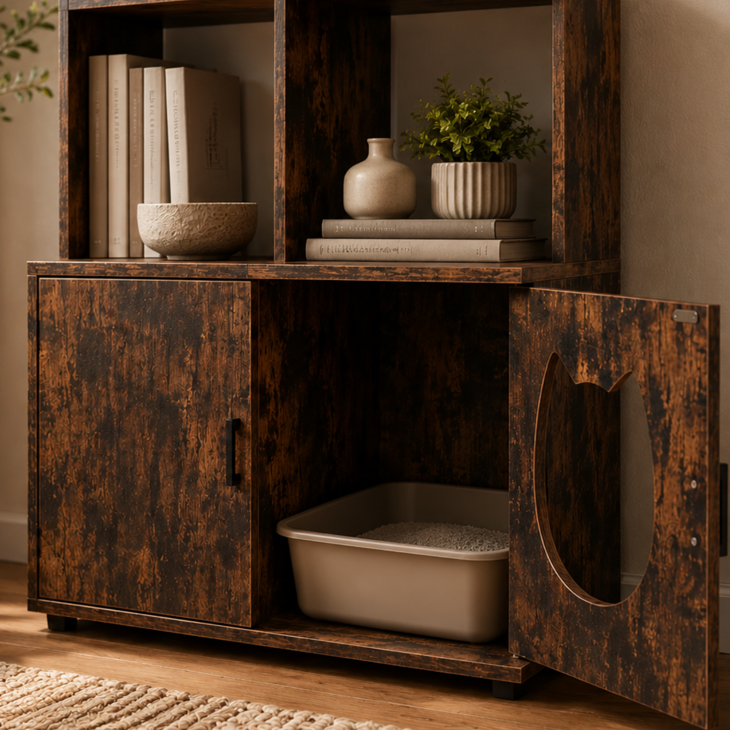 Display shelves on tall litter box furniture with books and plants styled as home decor