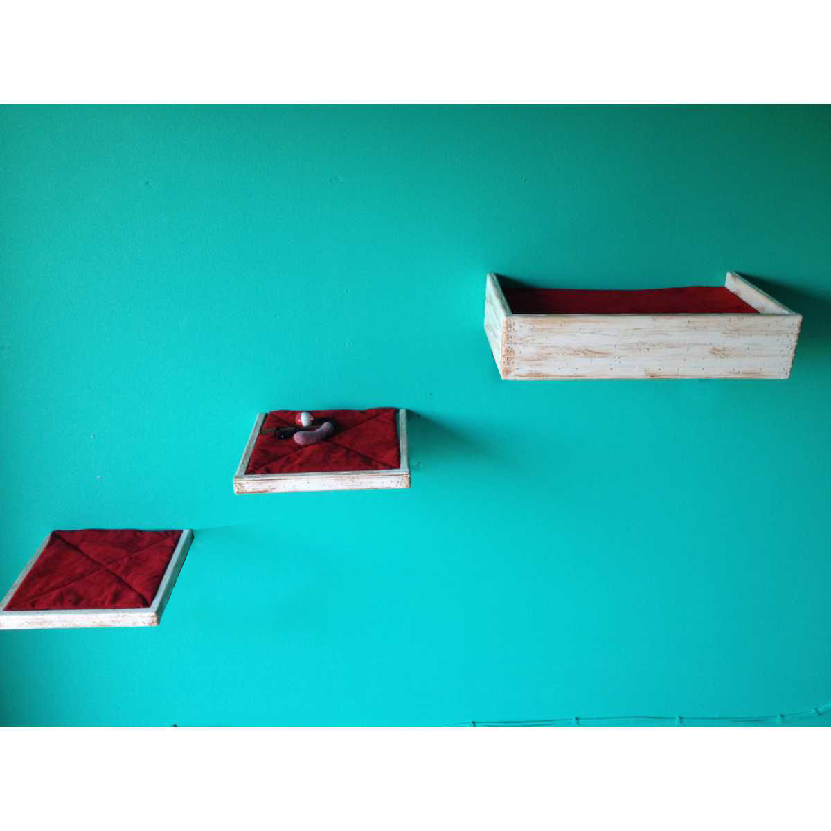 Artisan Made - (2) Floating Cat Wall Shelves + (1) Floating Cat Wall Bed Brown / Beige/Rustic White