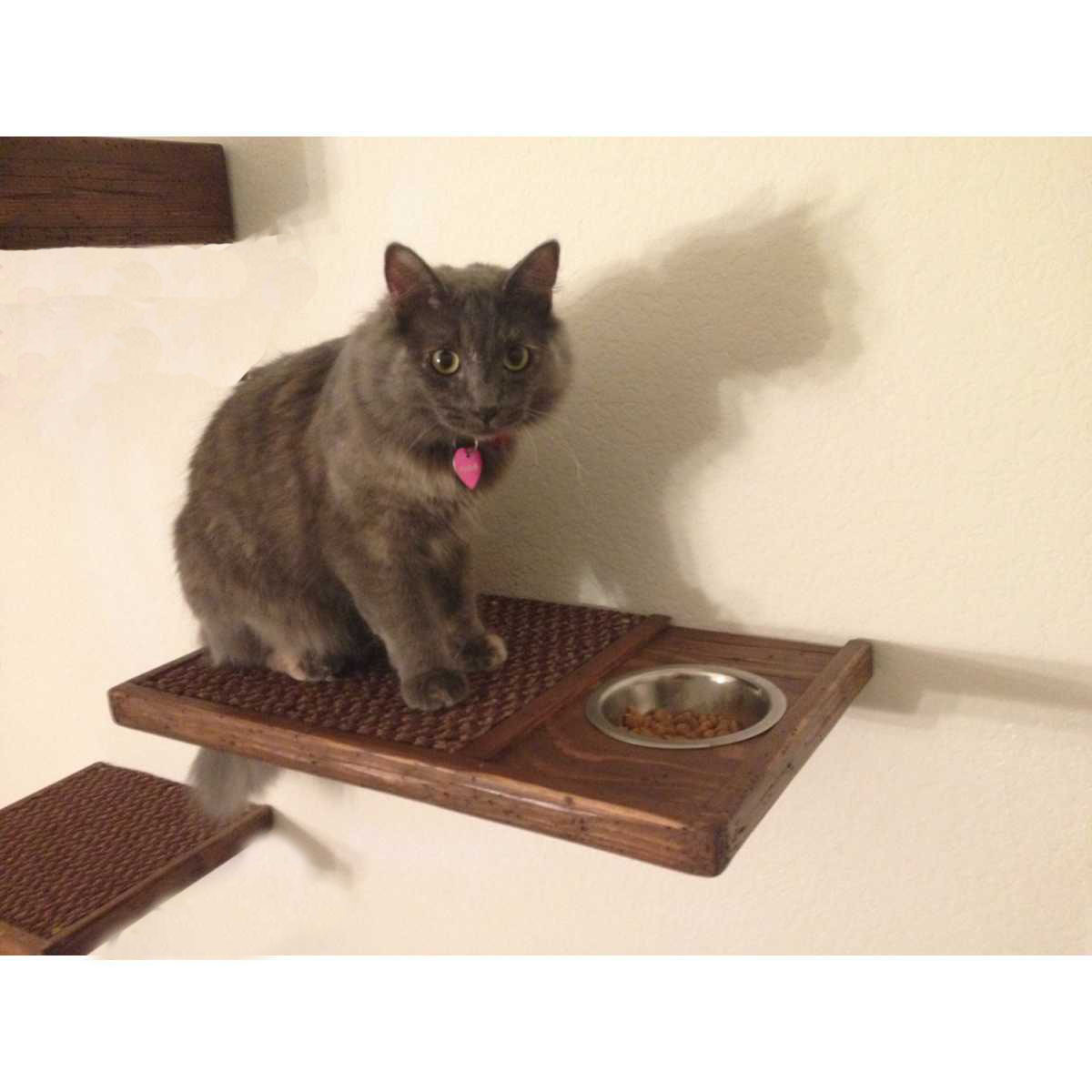 Artisan Made - (1) Floating Cat Wall Feeder + (1) Floating Cat Wall Shelves + (1) Floating Cat Wall Bed Blue / Beige/Dark Kona/Left side of shelf
