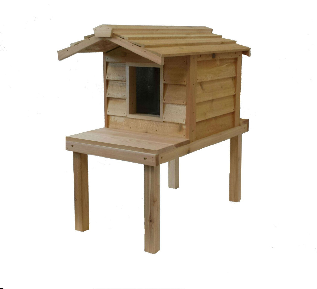 Small Cedar Insulated Cat or Small Dog House with Deck and Extended Roof (1) Extra door in back wall/(1) round insert