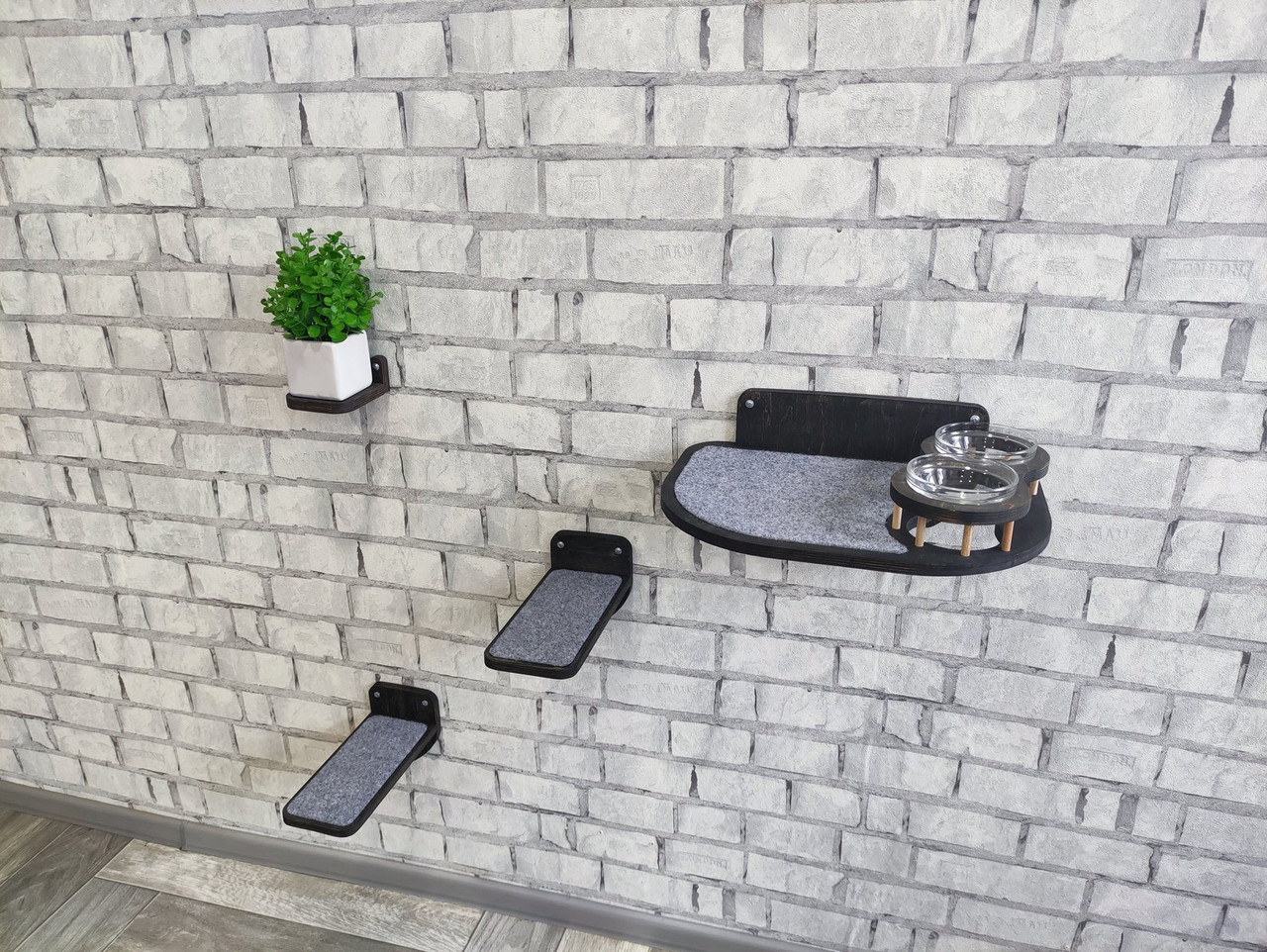Cat Wall Shelf with 2 raised bowls + 2 Steps