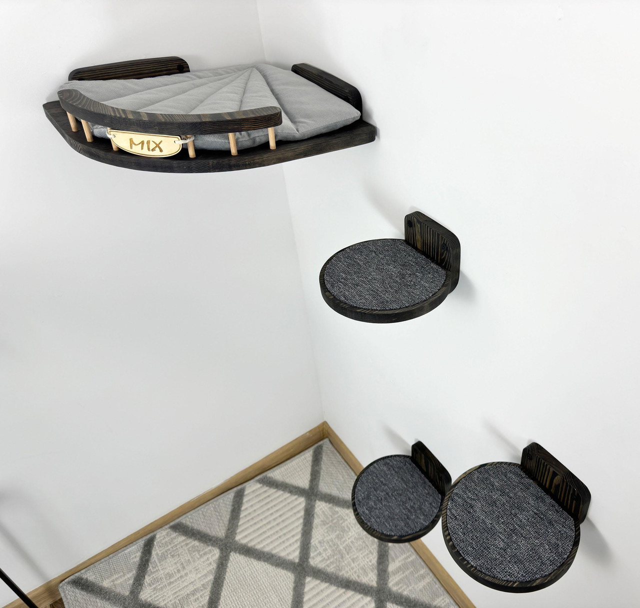 Corner Rounded Front Wooden Cat Wall Shelf