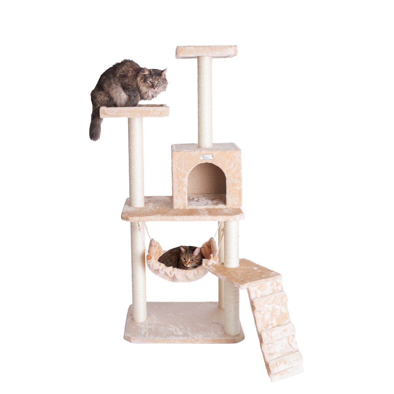 GeeWhiz 57-Inch Wood Cat Tree In Beige With Perches, Running Ramp, Condo And Hammock