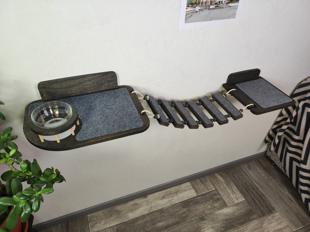 Wall Mounted Cat Feeding Shelf with Bridge and Glass Bowl