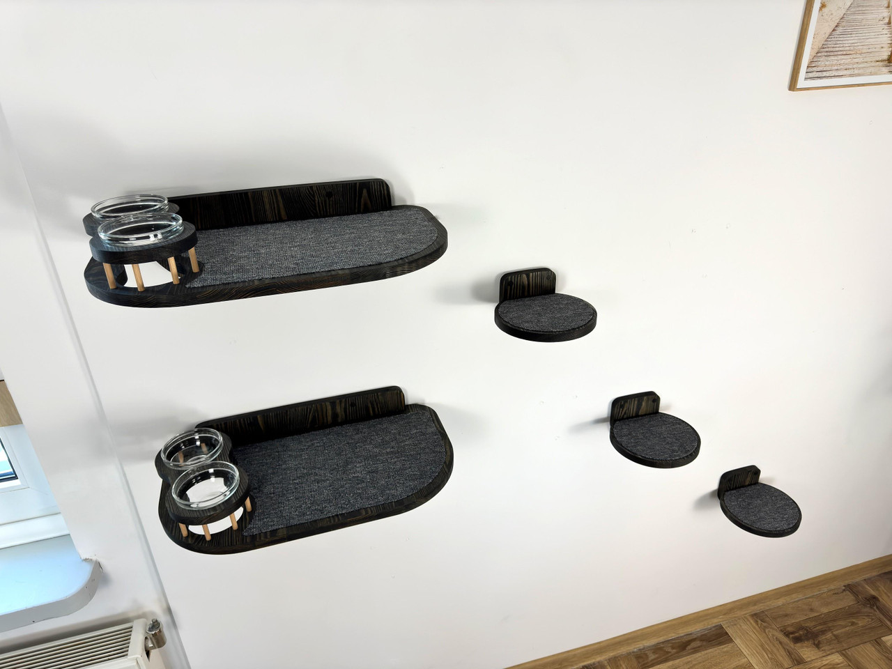 (2) Double Feeder Cat Wall Shelves + (3) Cat Round Wall Steps