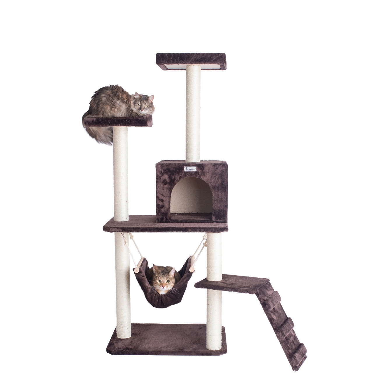 GeeWhiz 57-Inch Wood Cat Tree In Coffee Brown With Perches, Running Ramp, Condo And Hammock