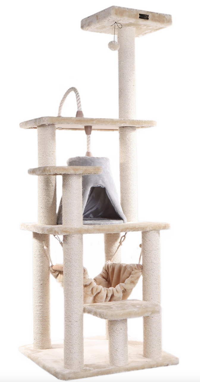Always Amazing 65" Real Wood Cat Tree With Sisal Rope, Hammock, soft-side playhouse A6501