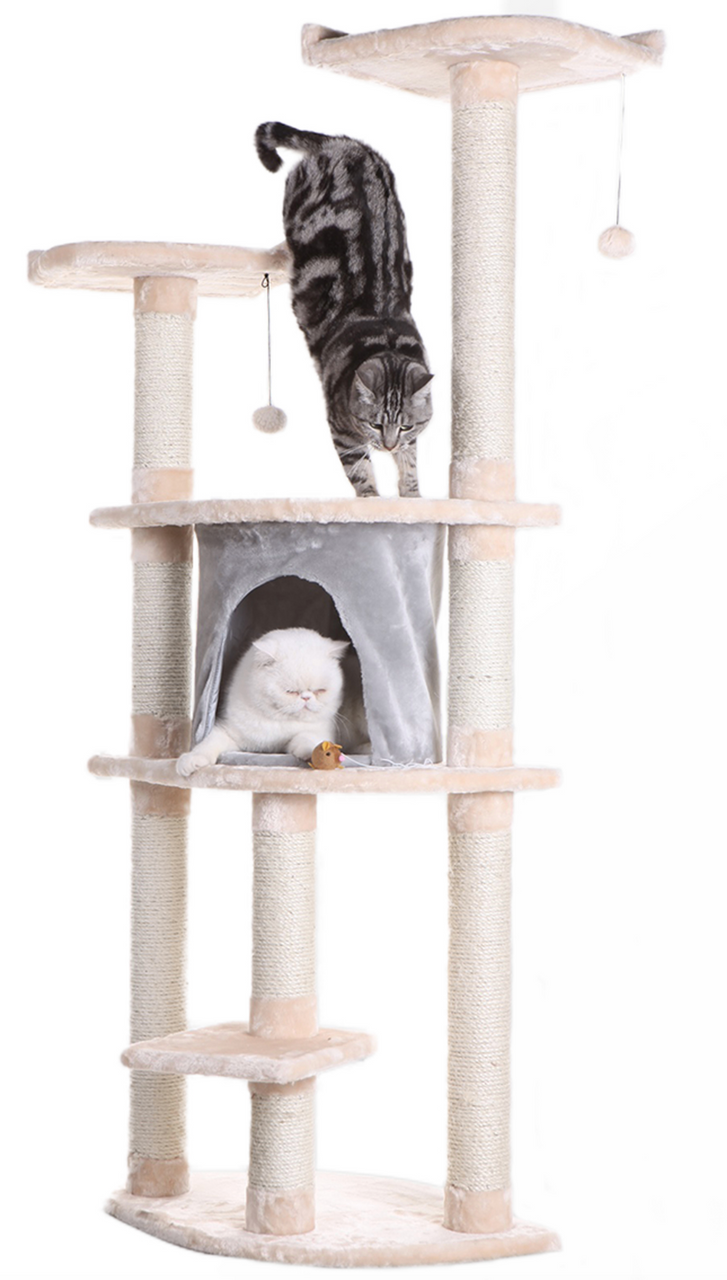 Always Amazing 64" Cat Tree With Scratch Sisal Post, Soft-side Playhouse in Almond
