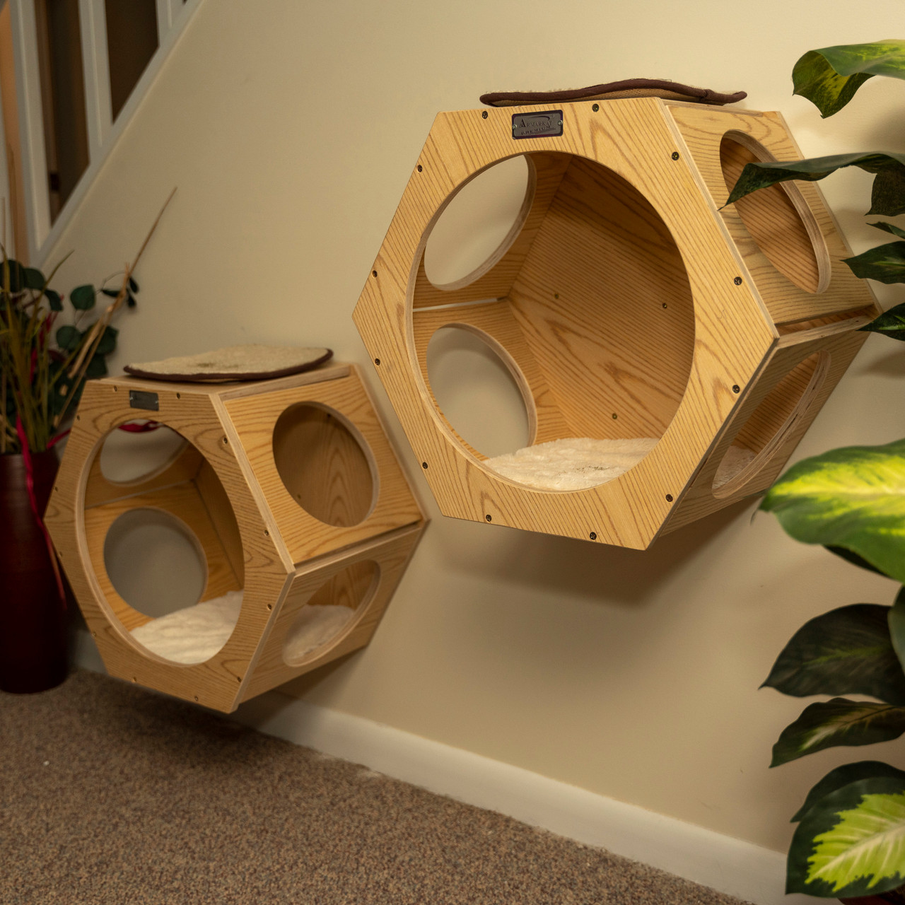 Set of Two Natural Wood Wall Tree Hex Houses