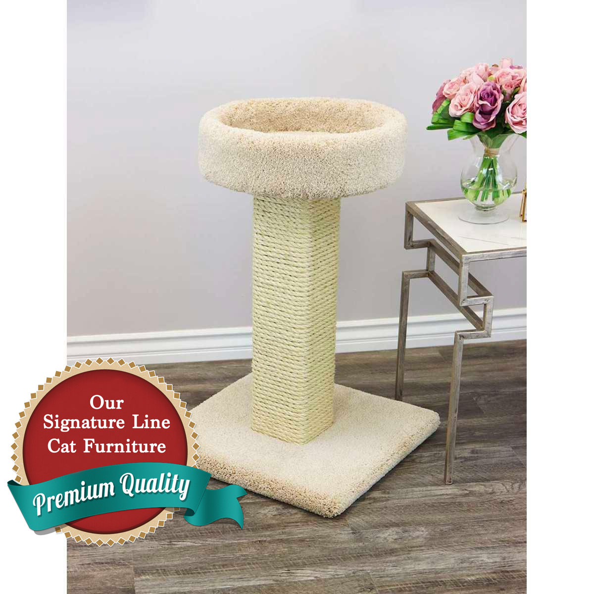 Cat's Choice Large Tub Cat Lounger w/ Solid Wood Sisal Post Beige