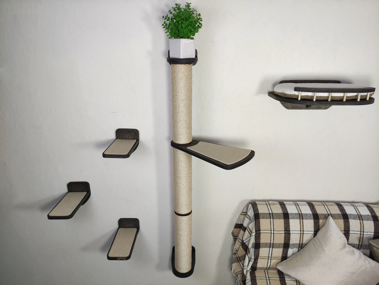 Vini Cat Wall Scratching Tree + Rounded Front Cat Shelf  + (3) Cat Wall Steps