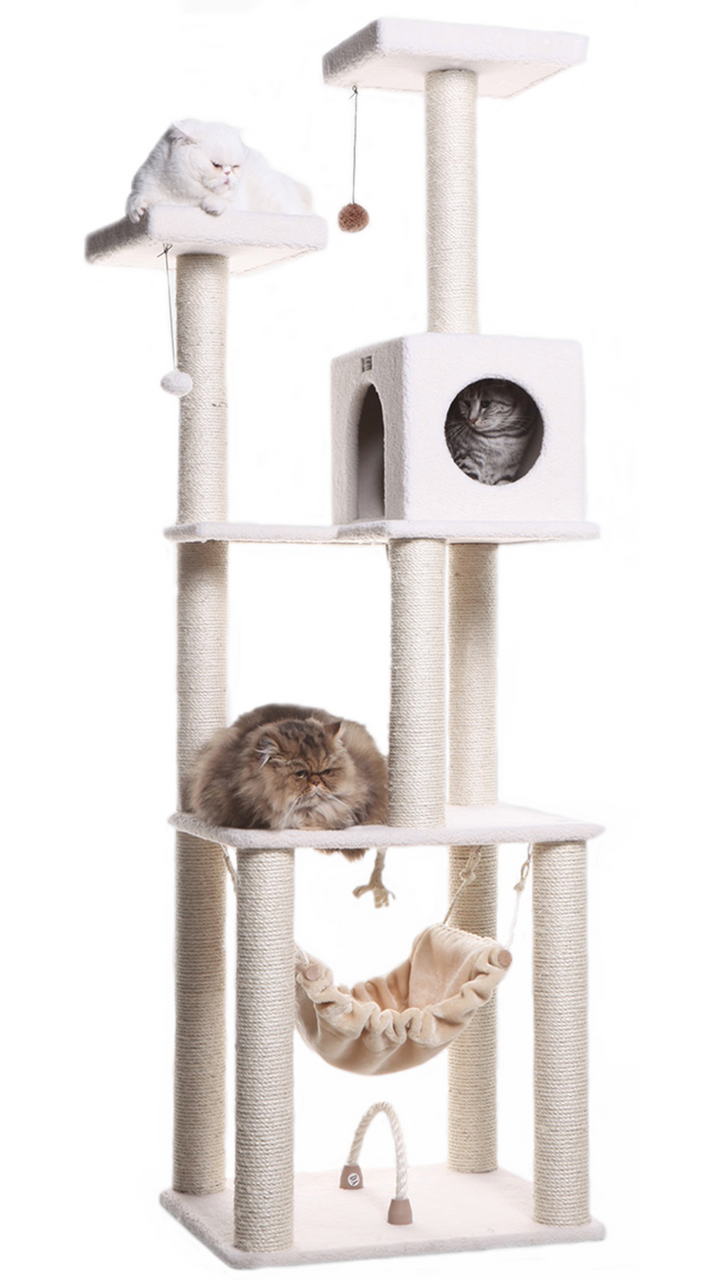 Cat's Dream B7301 Classic Wood Cat Tree Ivory Four Levels w Rope Swing, Hammock, Condo, and Perch