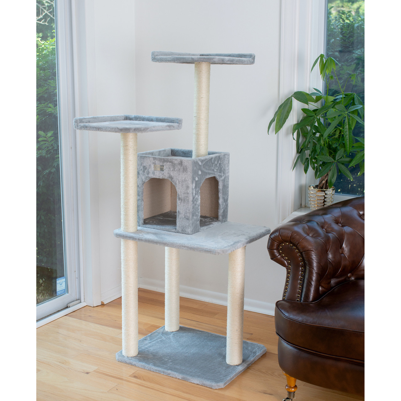 GeeWhiz 57-Inch Wood Cat Tree In Silver Gray With Two-Door Condo