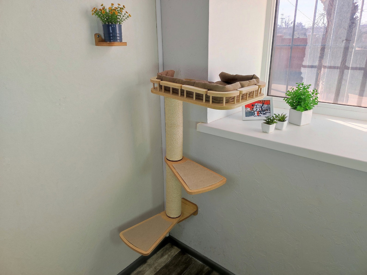 Cat Wall-Mounted Bed, Scratch Post and Steps for Mounting on the LEFT side of a Window