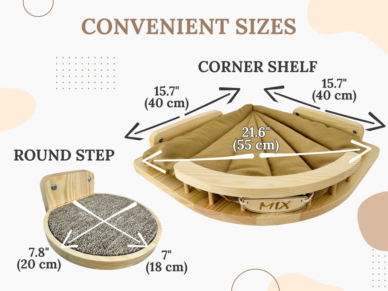 (1) Corner Rounded Front Wooden Cat Wall Shelf + (3) Cat Round Wall Steps