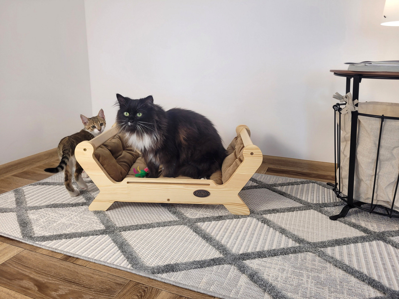 Handcrafted Wooden Frame Cat Bed with Pillow