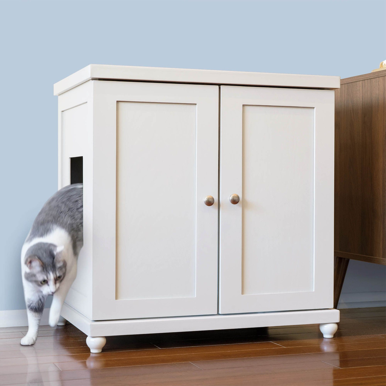 Deluxe Cat Litterbox Cabinet - Modern Style Large/Mid Century/White