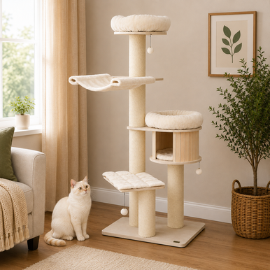 68.5 Inch Solid Pine and Birch Cat Tower with Condo and Hammock