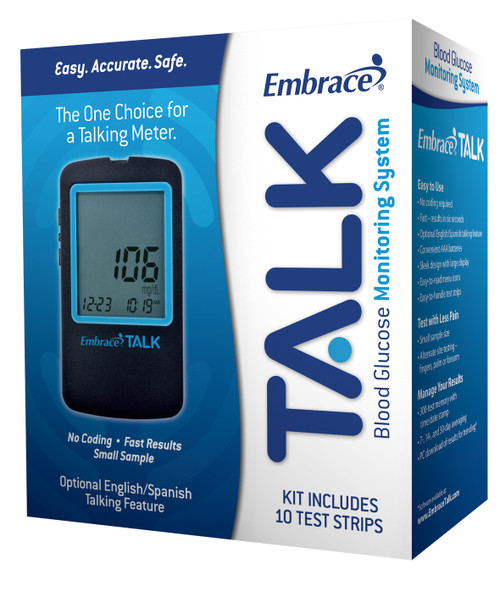 Embrace® TALK™ Starter Kit, Embrace® Meter, 10ct Test Strips, Control Solution, 10 Lancets, Lancing Device, 2 AAA Batteries, User's Manual, Carrying Case