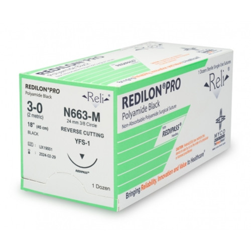 Myco Reli® Redilon™  Pro Suture, Black Monofilament, 3-0, 18", YFS-1 Needle