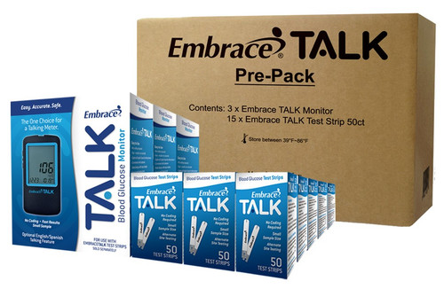 Embrace® TALK™, 3 x 15 Pre-Pack, Kit includes: 3 No Charge Embrace® TALK™ Meters and 15 Boxes of Embrace® TALK™ 50ct Blood Glucose Test Strips