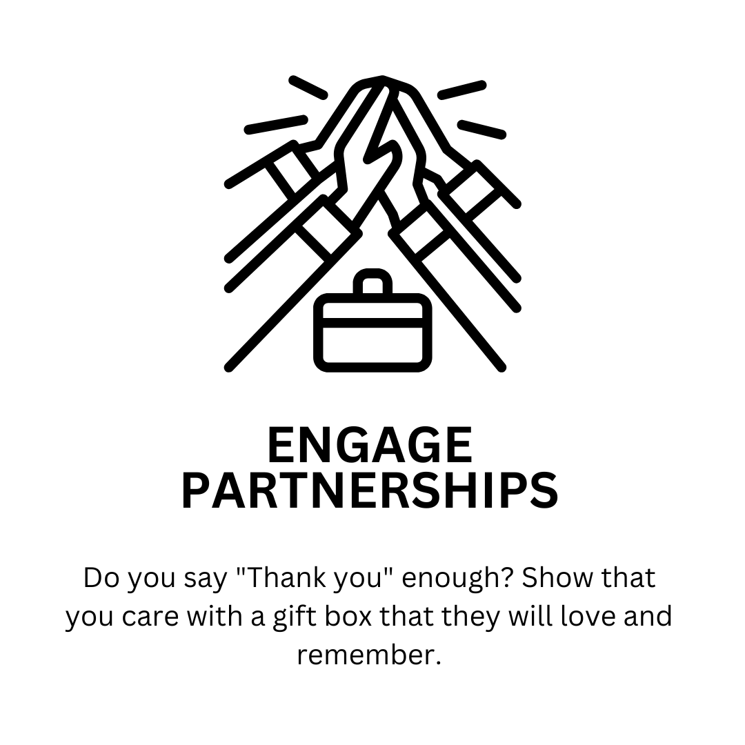 A black-and-white icon with two groups of people hi-fiving with the words "Engage Partnerships" below