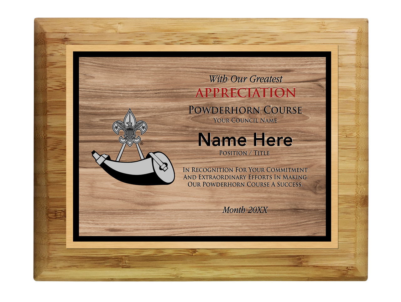 Powder Horn Plaque Wood Grain Design Horizontal