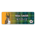 Wood Badge Name Tag with Wood Badge Antelope Critter on Wood Badge Tartan Background and Wood Badge Logo