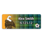 Wood Badge Name Tag with Wood Badge Eagle Critter on Wood Badge Tartan Background and Wood Badge Logo