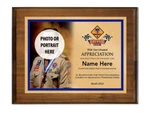 Pinewood Derby Plaque - Left Photo Design - Horizontal with Cub Scout Scouting America Logo - Dark Wood