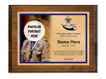 Powder Horn Plaque - Left Photo Design - Horizontal with Scouting America Logo - Dark Wood