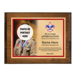 Scout Troop Sponsor Plaque with Scouting America Logo - Left Photo Design - Horizontal - Walnut Wood