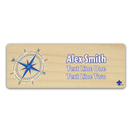 Compass Rose on Scout name tag. Compass image in Blue and White ink with Scouting America Fleur-De-Lis on Light Maple Wood